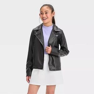 Girls' Faux Leather Moto Jacket - art class Black